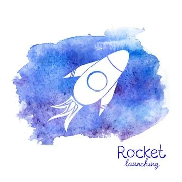 Vector white rocket icon on watercolor background Stock Illustration