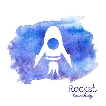 Vector white rocket icon on watercolor background Stock Illustration