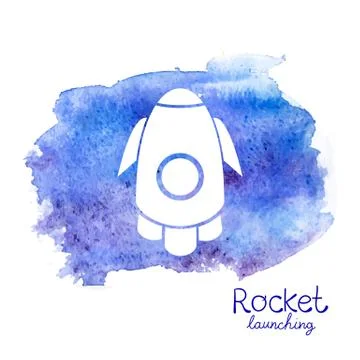 Vector white rocket icon on watercolor background Stock Illustration