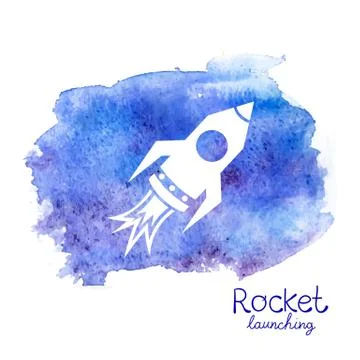 Vector white rocket icon on watercolor background Stock Illustration