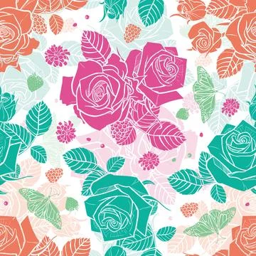 Vector white roses and berries seamless pattern. Colorful solid elements with Stock Illustration