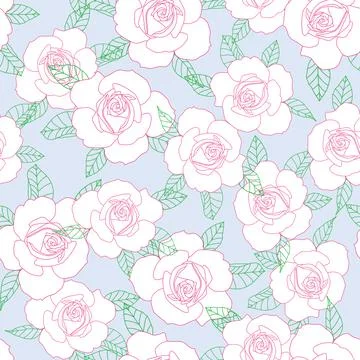 Vector white roses seamless pattern on pastel blue background Stock Illustration