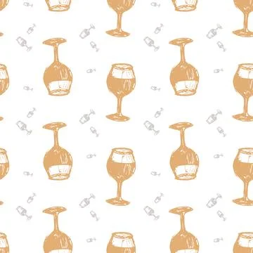 Vector white rows of simple wine glasses sketch seamless pattern. Perfect for Stock Illustration