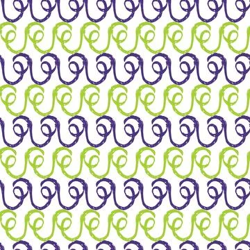 Vector white rows of swirling purple and green motif repeat pattern. Abstract Stock Illustration