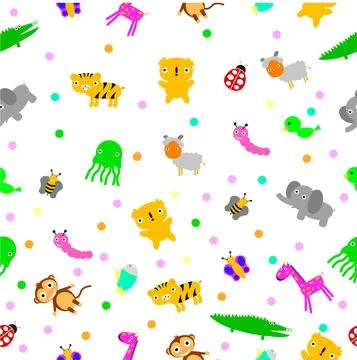 Vector White Seamless Background, Baby Animals with polka dot Stock Illustration