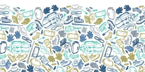 Vector white seamless doodle sketch horizontal border pattern with objects fo Stock Illustration
