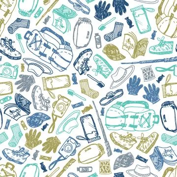 Vector white seamless doodle sketch pattern with objects for trekking and hik Stock Illustration
