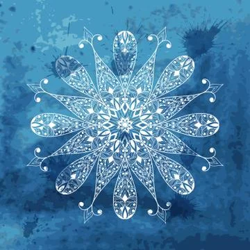 Vector white snowflake on watercolor blue background and blobs Stock Illustration