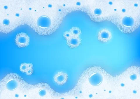 Vector white soap foam in blue liquid backdrop Illustrazione stock