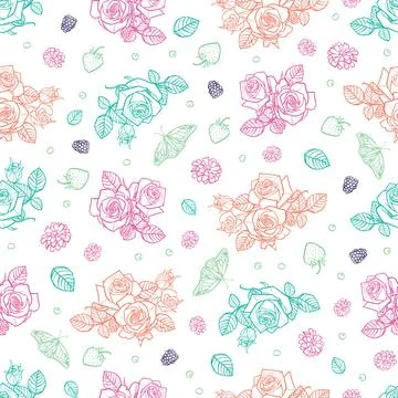 Vector white spaced out roses and berries seamless pattern. Perfect for fabri Stock Illustration