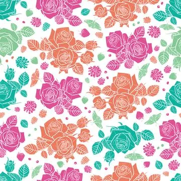 Vector white spaced out roses and berries seamless pattern. Colorful solid el Stock Illustration