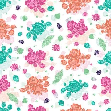Vector white spaced out roses and berries seamless pattern. Colorful solid .. Stock Illustration