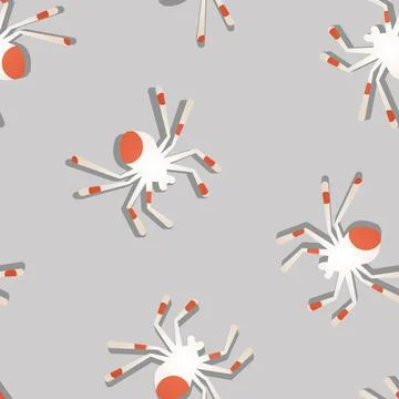 Vector White Spiders on Gray seamless pattern background. Perfect for fabric Stock Illustration