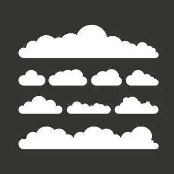 Vector white summer clouds set isolated isolated on grey background. Flat sky Stock Illustration