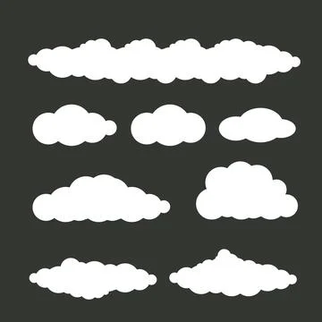 Vector white summer clouds set isolated isolated on grey background. Flat sky Stock Illustration