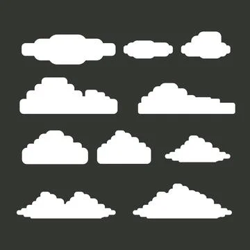 Vector white summer clouds set isolated isolated on grey background. Flat sky 스톡 일러스트
