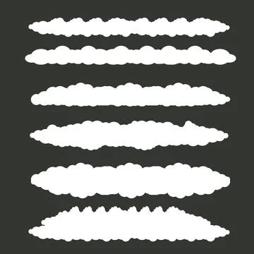 Vector white summer clouds set isolated isolated on grey background. Flat sky 스톡 일러스트