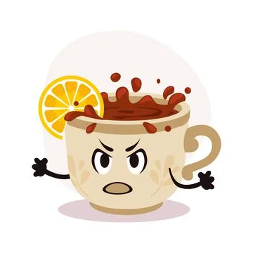 Vector white tea cup with hot drink. Tea with lemon piece. Angry cartoon Stock-Illustration