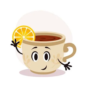 Vector white tea cup with hot drink. Tea with lemon piece. Happy cartoon Illustrazione stock