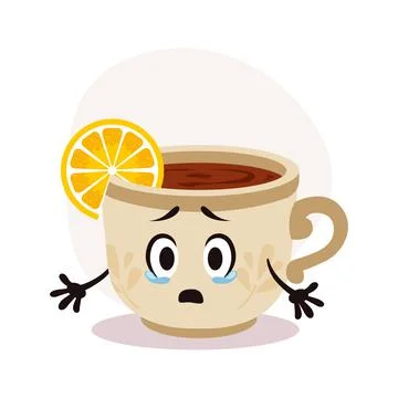 Vector white tea cup with hot drink. Tea with lemon piece. Crying cartoon Illustrazione stock