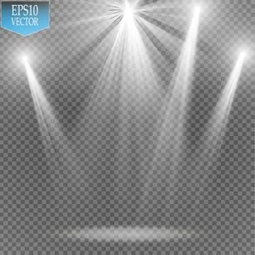 Vector white transparent energy spotlight scene with lightning and fog or smoke Stock Illustration