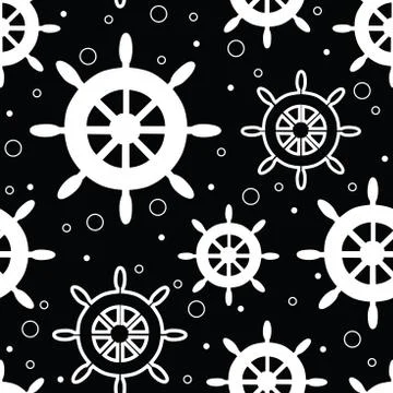 Vector white wheels repeat seamless pattern with circles on black background. Stock Illustration