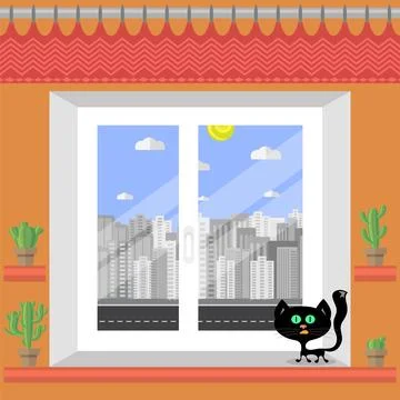 Vector White Window with Flowers and Cat on Orange Wall Stock Illustration