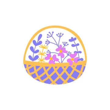 Vector wicker basket with flowers and plants . Flat drawing style. Purple, ye 스톡 일러스트
