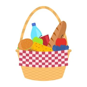 Vector wicker picnic basket with a blanket Illustrazione stock