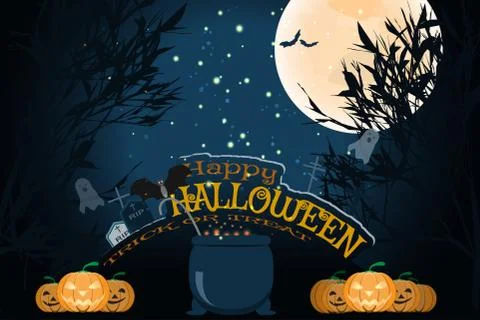 Vector wide poster for Halloween with full moon, silhouettes of trees, flock Stock Illustration