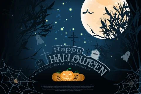 Vector wide poster for Halloween with full moon, silhouettes of trees, flock Stock Illustration