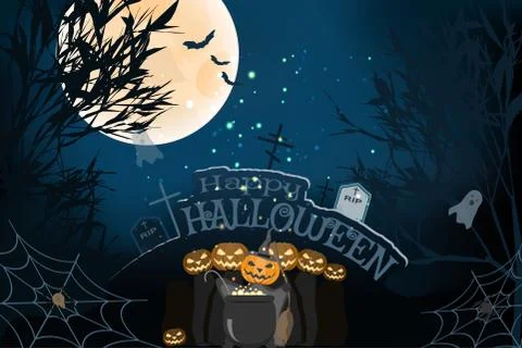 Vector wide poster for Halloween with silhouettes of trees, full moon, bats, Stock Illustration