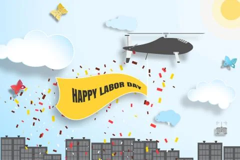 Vector wide poster of Happy Labor Day greetings with fying helicopter on the  Stock Illustration