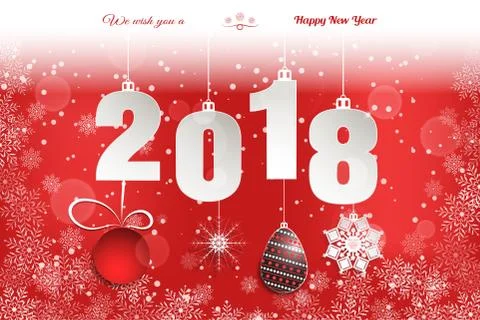 Vector wide poster for New Year with hanging gray numbers, balls and snowflak Stock Illustration