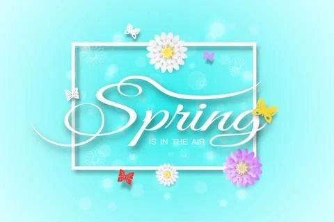 Vector wide poster of Spring is in the air on the gradient blue background wi Stock Illustration