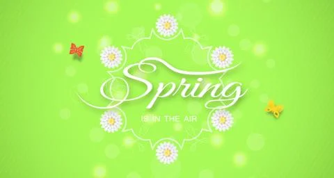 Vector wide poster of Spring is in the air on the gradient green background w Stock Illustration