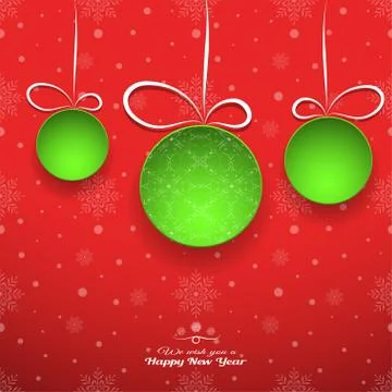 Vector wide red gradient poster to New Year holidays with green christmas bal Stock Illustration