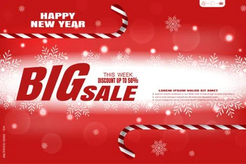 Vector wide red poster for Happy New Year Big sale on the background with sno Stock Illustration