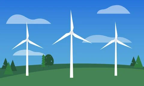 Vector of wind turbines on a field against blue sky Stock Illustration