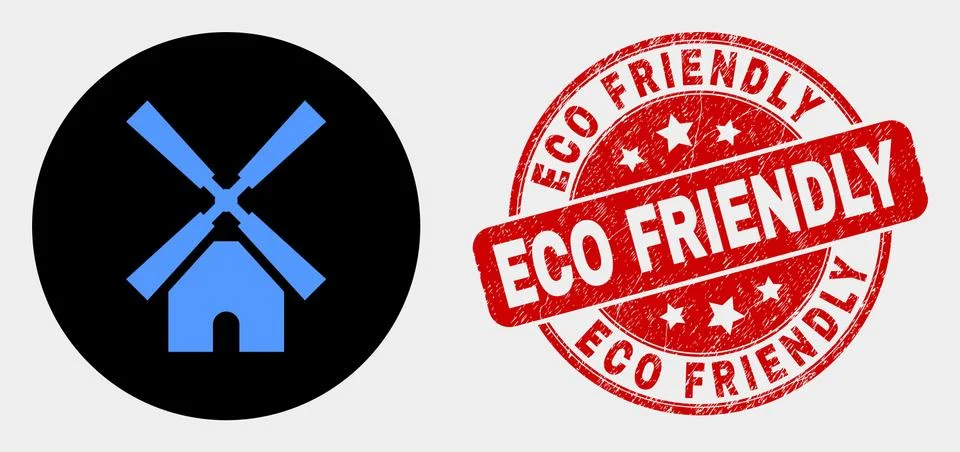 Vector Windmill Icon and Scratched Eco Friendly Stamp イラスト素材