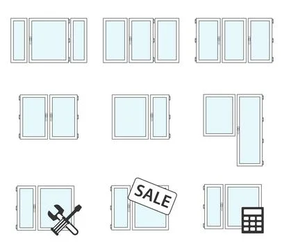 Vector window icons. Plastic windows infographics, installation and repair. P Stock Illustration
