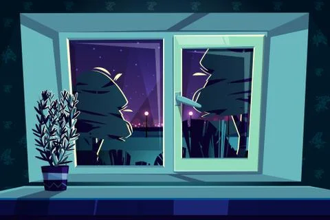 Vector window at night, rosemary on sill Stock Illustration