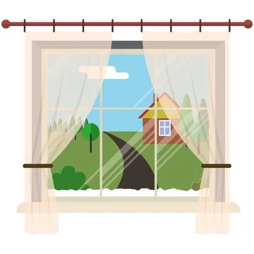 Vector window with rural landscape from inside Illustrazione stock