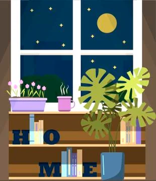 Vector window with a view of the night city, with a flower on the windowsill and Stock Illustration