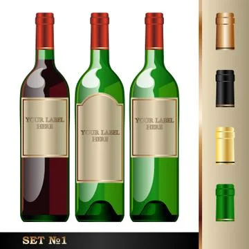 Vector wine bottles mockup with your label here text. Green bottle, white and Illustrazione stock