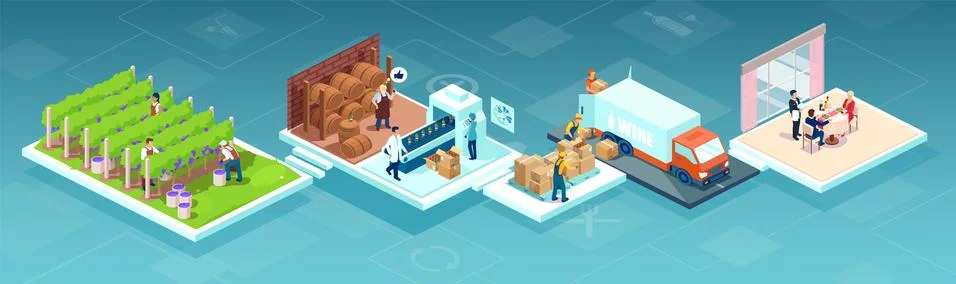 Vector of a wine production process, production beverage from grape, chain fr Stock Illustration