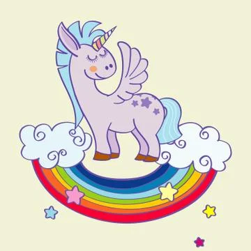 Vector winged unicorn standing on a rainbow with clouds 스톡 일러스트
