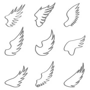 Vector wings set for logo and tattoo design. Outline wings isolated on white. Stock Illustration