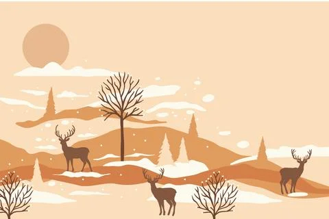 Vector winter aesthetic background with a deer snow and trees Holiday morning Illustrazione stock