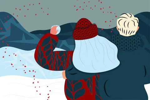 Vector. Winter background. Cartoon couple in a knitted hat and sweater Ilustración de archivo